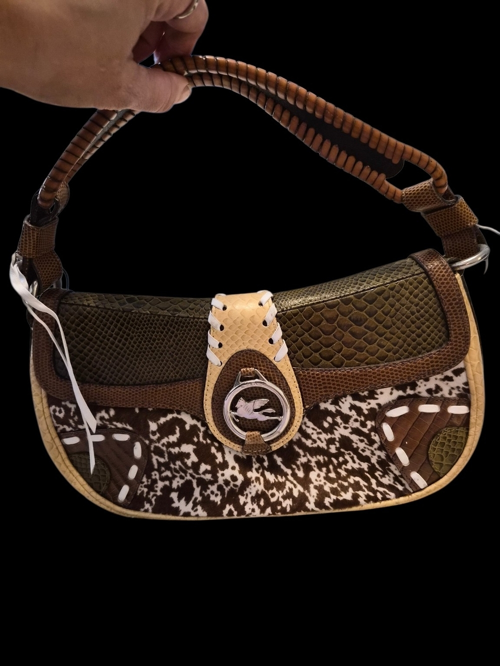 Etro Pony Hair Patchwork Shoulder Bag Snakeskin Trim Brown Cream Y2K Rare Design